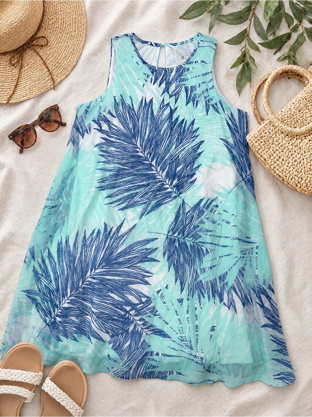 Calvin Klein Tropical Palm Print Sleeveless Dress Women’s Size 12 Petite Beachy